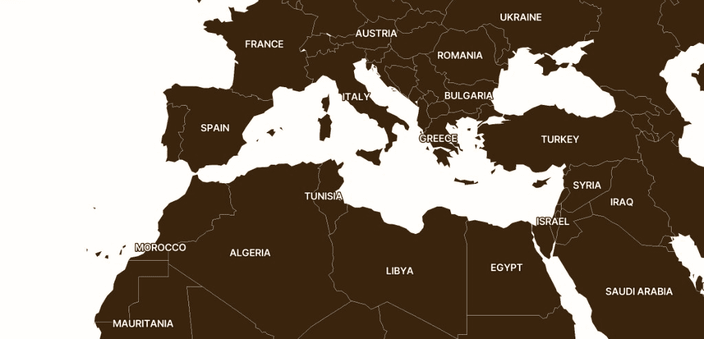 Atlas map of the Mediterranean with country labels